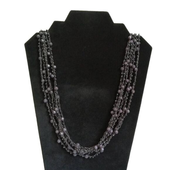 Black & Charcoal Gray Long Length Multi Strand Beaded Layered Statement Necklace - Picture 1 of 9